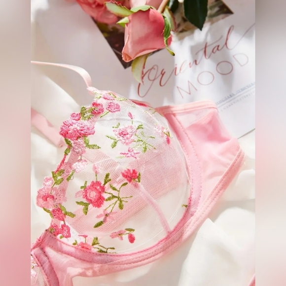 2 For $40 New! Floral Embroidered Pink Lingerie Set NWT Size Large - Picture 2 of 4